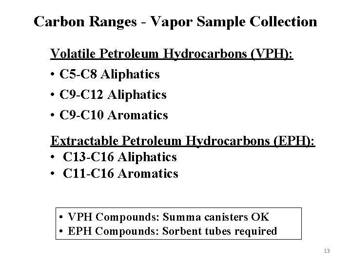 Carbon Ranges - Vapor Sample Collection Volatile Petroleum Hydrocarbons (VPH): • C 5 -C