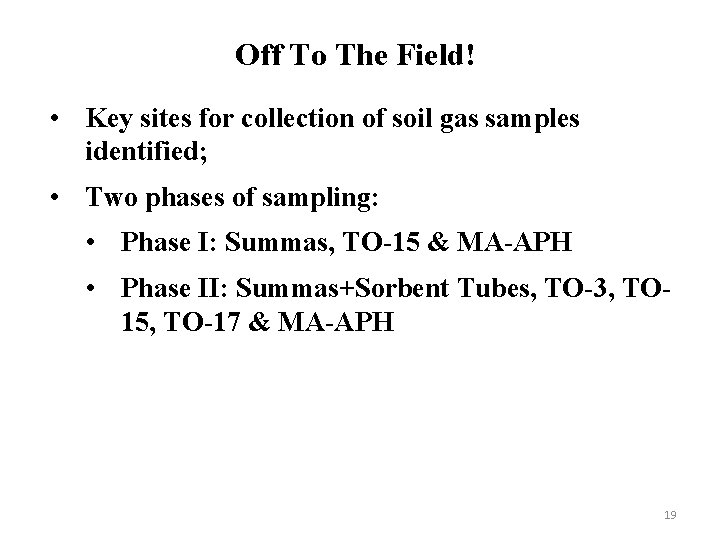 Off To The Field! • Key sites for collection of soil gas samples identified;