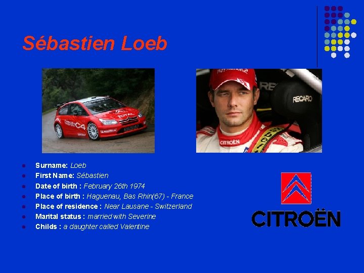 Sébastien Loeb l l l l Surname: Loeb First Name: Sébastien Date of birth