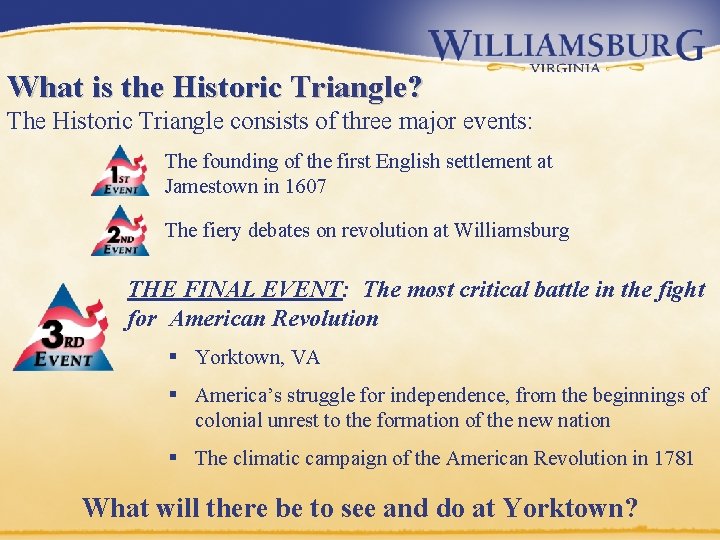 What is the Historic Triangle? The Historic Triangle consists of three major events: The