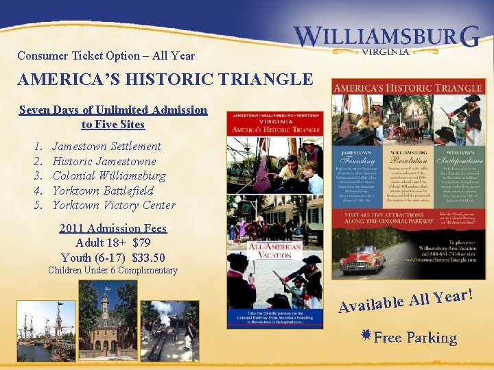 Consumer Ticket Option – All Year AMERICA’S HISTORIC TRIANGLE Seven Days of Unlimited Admission