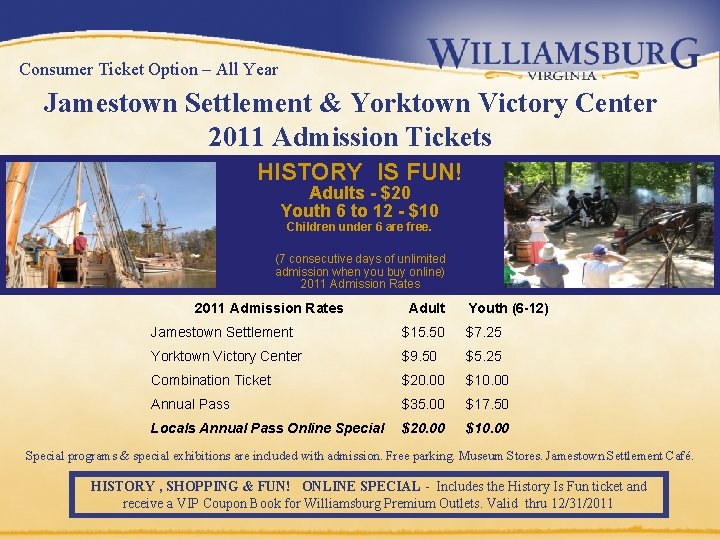 Consumer Ticket Option – All Year Jamestown Settlement & Yorktown Victory Center 2011 Admission