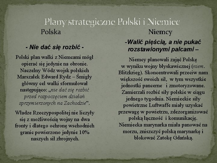 Plany strategiczne Polski i Niemiec Polska - Nie dać się rozbić Polski plan walki