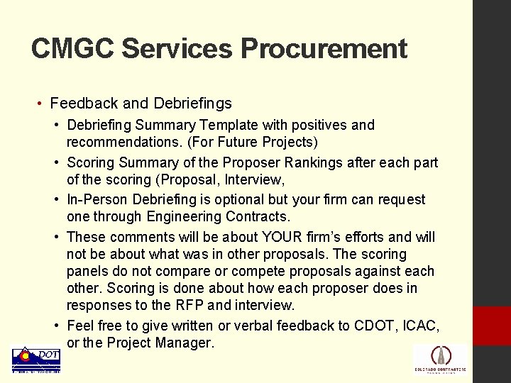 CMGC Services Procurement • Feedback and Debriefings • Debriefing Summary Template with positives and