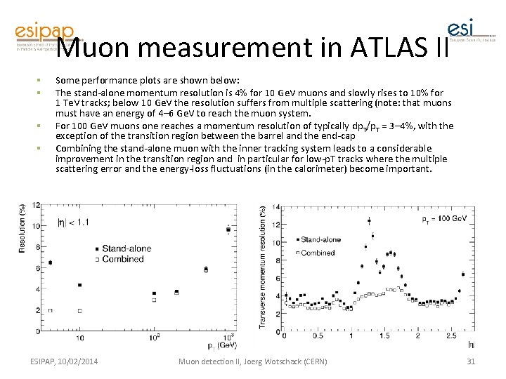 Muon measurement in ATLAS II § § Some performance plots are shown below: The