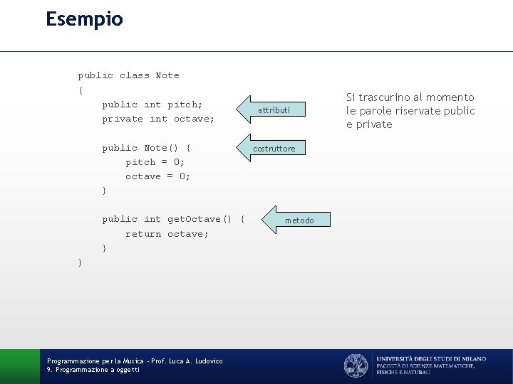 Esempio public class Note { public int pitch; private int octave; public Note() {