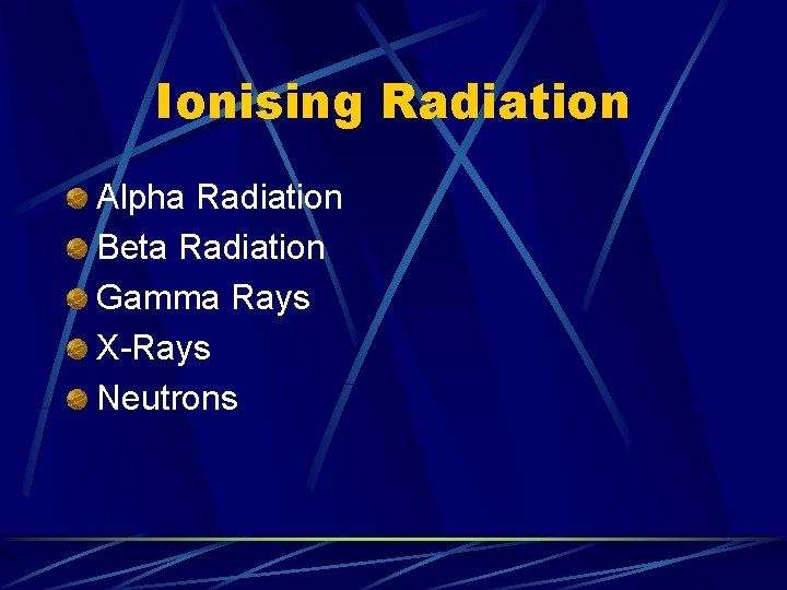 Ionising Radiation Alpha Radiation Beta Radiation Gamma Rays X-Rays Neutrons 