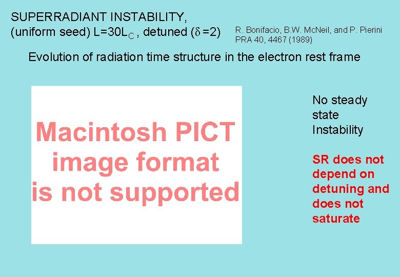 SUPERRADIANT INSTABILITY, (uniform seed) L=30 LC , detuned (δ =2) R. Bonifacio, B. W.