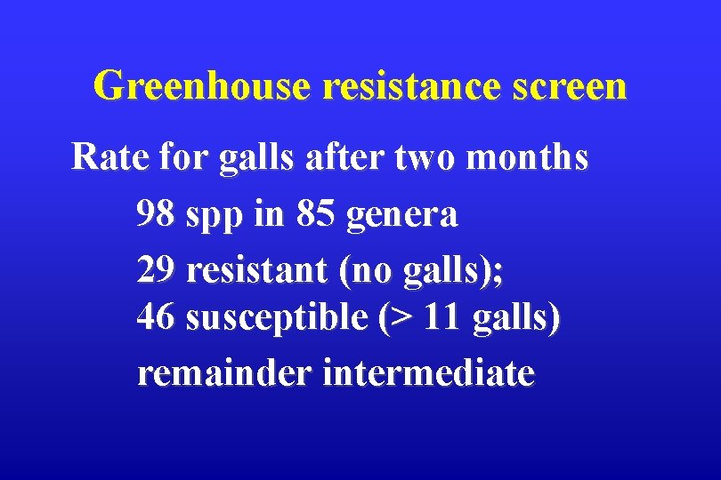 Greenhouse resistance screen Rate for galls after two months 98 spp in 85 genera