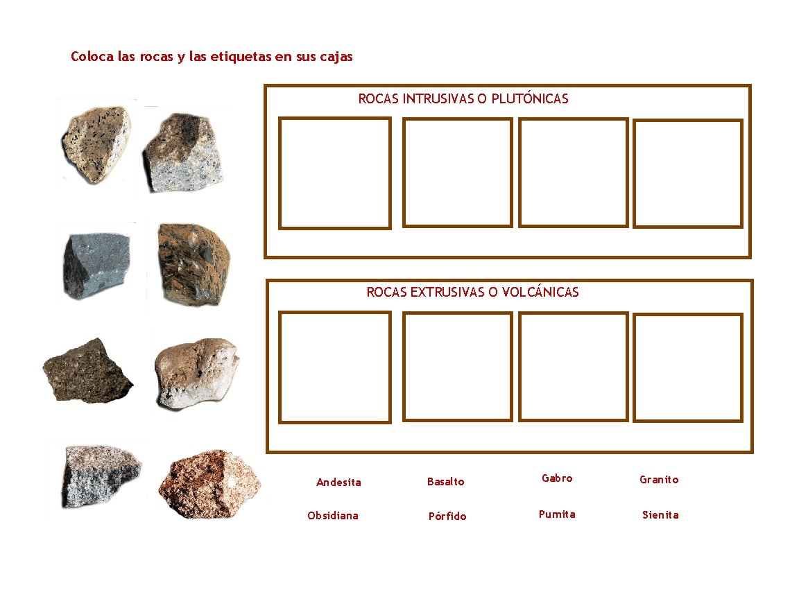 Coloca las rocas y las etiquetas en sus cajas ROCAS INTRUSIVAS O PLUTÓNICAS ROCAS