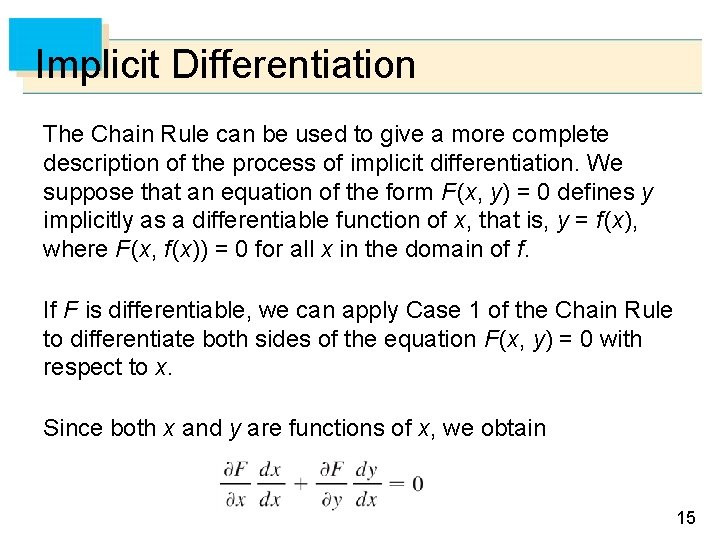 Implicit Differentiation The Chain Rule can be used to give a more complete description