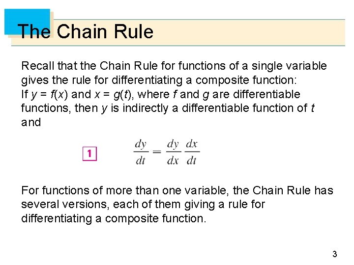 The Chain Rule Recall that the Chain Rule for functions of a single variable