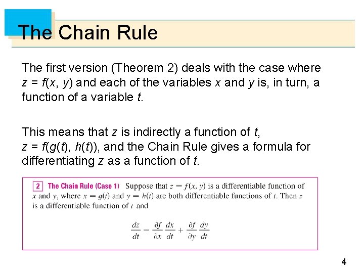 The Chain Rule The first version (Theorem 2) deals with the case where z