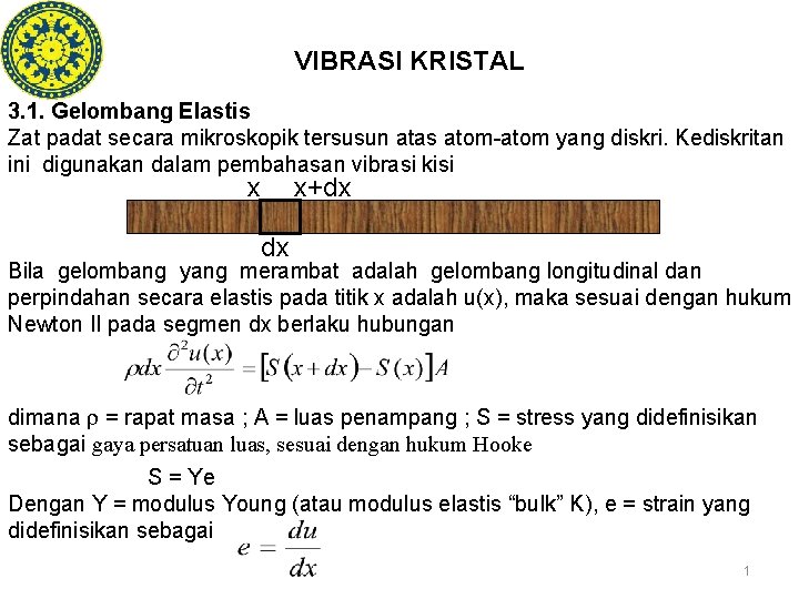 VIBRASI KRISTAL 3. 1. Gelombang Elastis Zat padat secara mikroskopik tersusun atas atom-atom yang