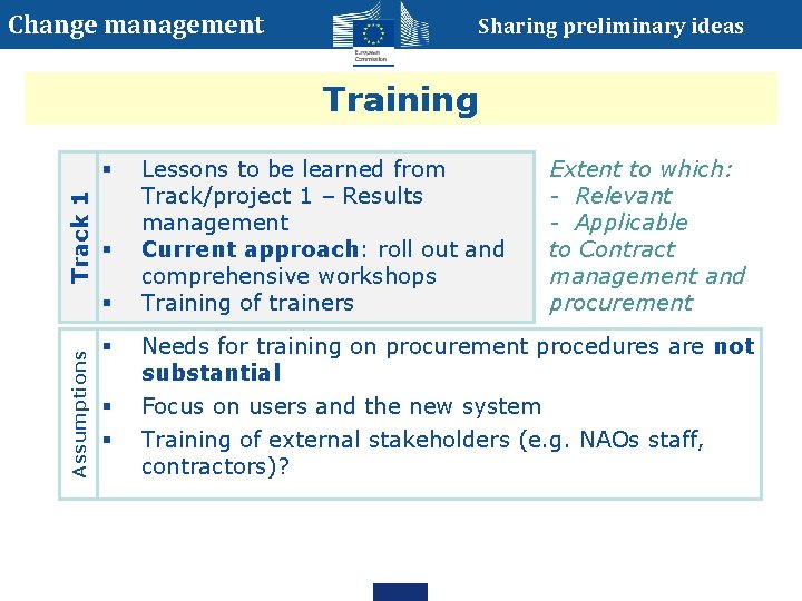 Change management Sharing preliminary ideas Training Track 1 § § Assumptions § Lessons to Change management Sharing preliminary ideas Training Track 1 § § Assumptions § Lessons to