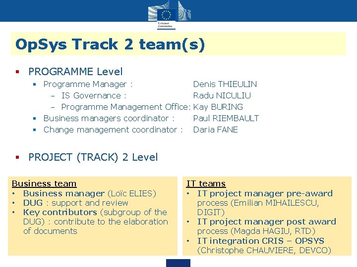 Op. Sys Track 2 team(s) § PROGRAMME Level § Programme Manager : Denis THIEULIN Op. Sys Track 2 team(s) § PROGRAMME Level § Programme Manager : Denis THIEULIN