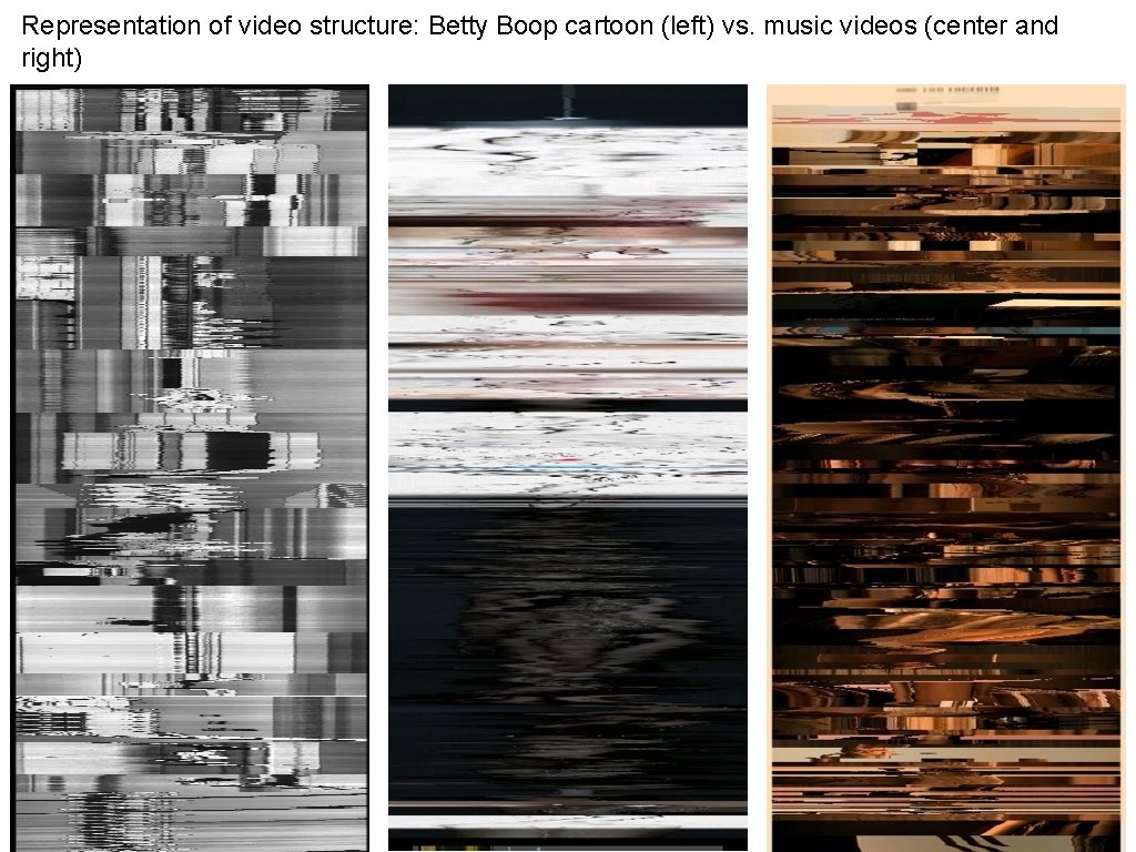 Representation of video structure: Betty Boop cartoon (left) vs. music videos (center and right)