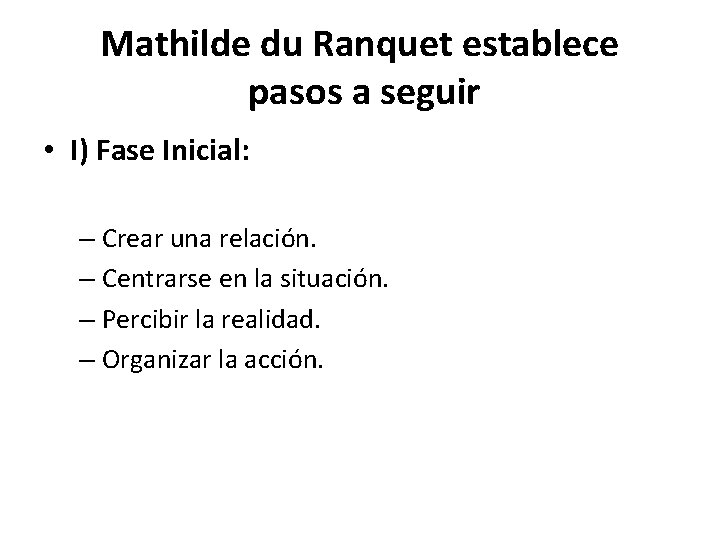 Mathilde du Ranquet establece pasos a seguir • I) Fase Inicial: – Crear una