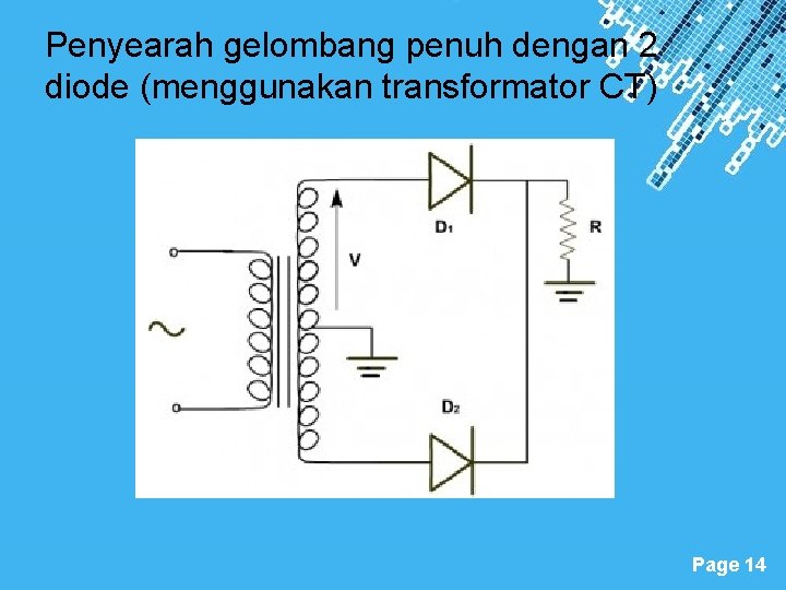 Penyearah gelombang penuh dengan 2 diode (menggunakan transformator CT) Powerpoint Templates Page 14 