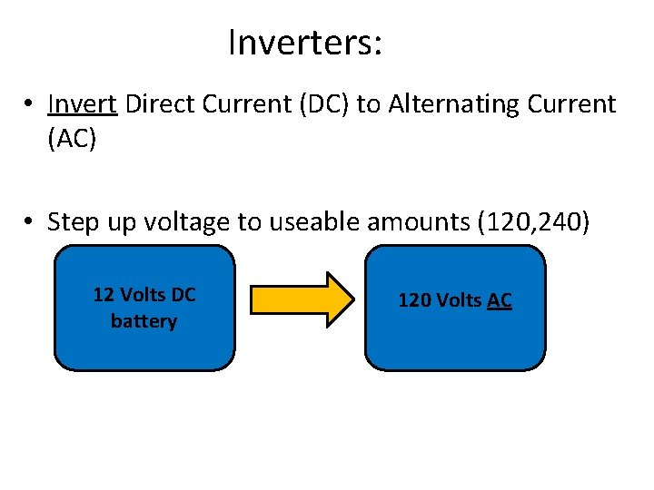 Inverters: • Invert Direct Current (DC) to Alternating Current (AC) • Step up voltage