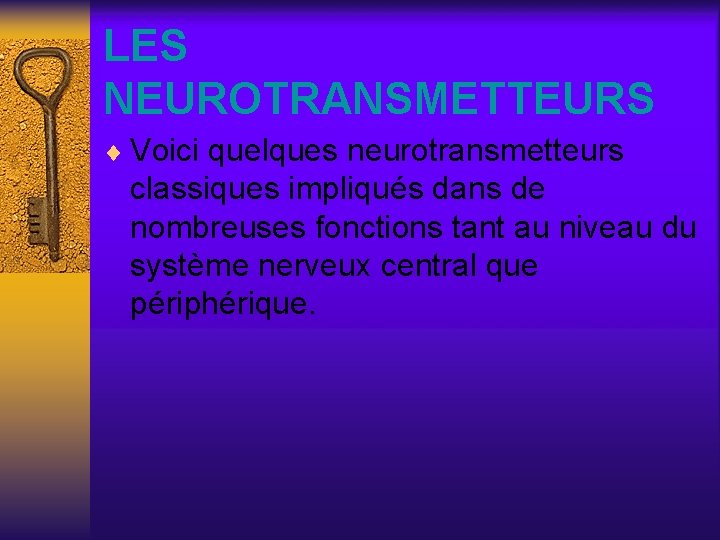 LES NEUROTRANSMETTEURS ¨ Voici quelques neurotransmetteurs classiques impliqués dans de nombreuses fonctions tant au