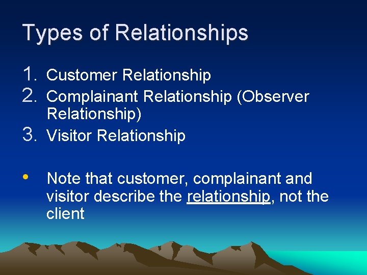 Types of Relationships 1. Customer Relationship 2. Complainant Relationship (Observer 3. Relationship) Visitor Relationship