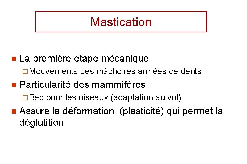 Mastication n La première étape mécanique ¨ Mouvements n Particularité des mammifères ¨ Bec