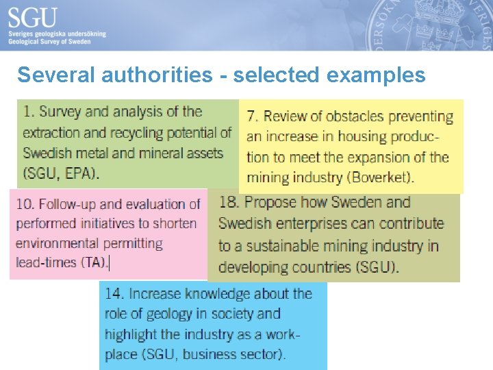 Several authorities - selected examples 
