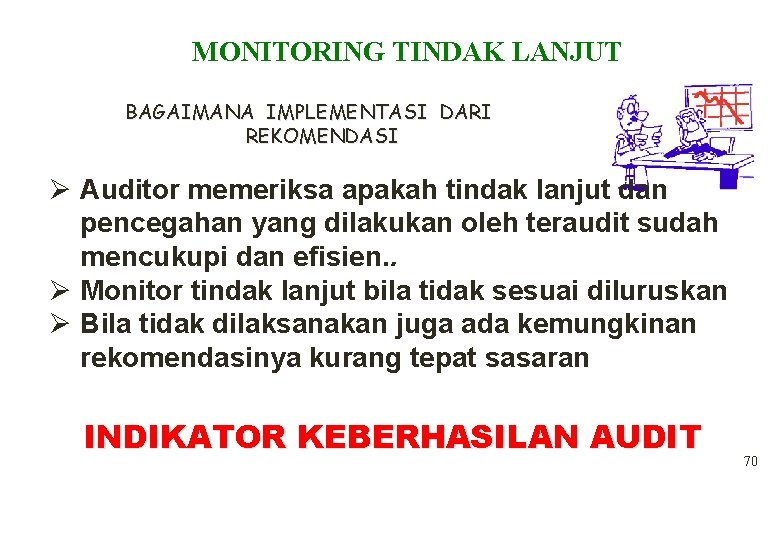 MONITORING TINDAK LANJUT BAGAIMANA IMPLEMENTASI DARI REKOMENDASI Ø Auditor memeriksa apakah tindak lanjut dan