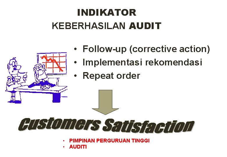 INDIKATOR KEBERHASILAN AUDIT • Follow-up (corrective action) • Implementasi rekomendasi • Repeat order •