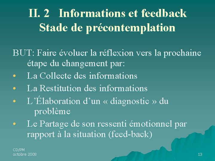 II. 2 Informations et feedback Stade de précontemplation BUT: Faire évoluer la réflexion vers II. 2 Informations et feedback Stade de précontemplation BUT: Faire évoluer la réflexion vers