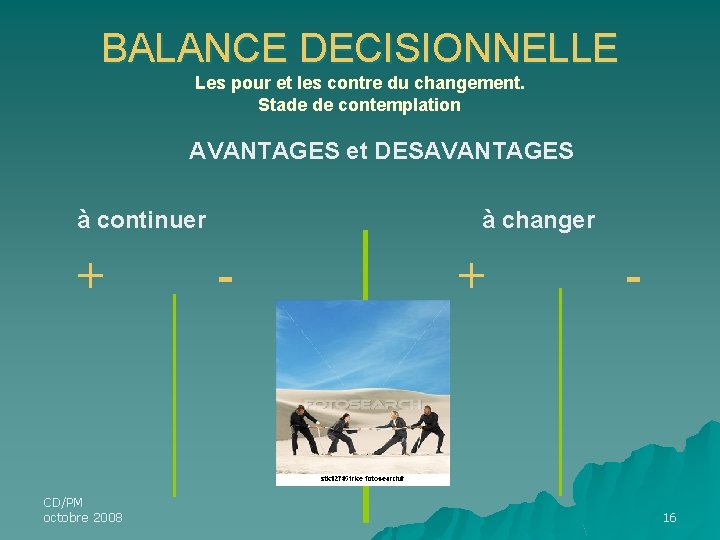 BALANCE DECISIONNELLE Les pour et les contre du changement. Stade de contemplation AVANTAGES et BALANCE DECISIONNELLE Les pour et les contre du changement. Stade de contemplation AVANTAGES et
