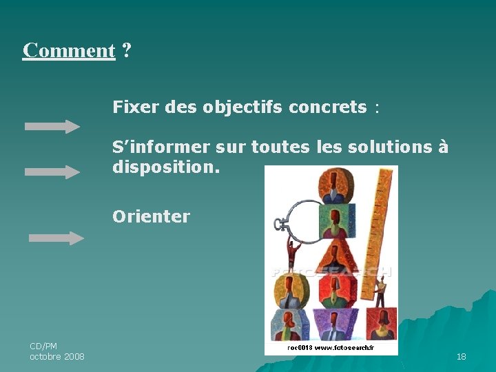 Comment ? Fixer des objectifs concrets : S’informer sur toutes les solutions à disposition. Comment ? Fixer des objectifs concrets : S’informer sur toutes les solutions à disposition.