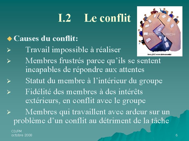 I. 2 Le conflit u Causes du conflit: Travail impossible à réaliser Ø Membres I. 2 Le conflit u Causes du conflit: Travail impossible à réaliser Ø Membres