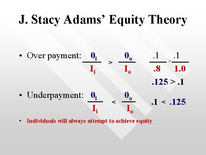 J. Stacy Adams’ Equity Theory • Over payment: 0 i Ii • Underpayment: 0