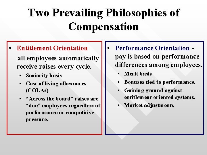 Two Prevailing Philosophies of Compensation • Entitlement Orientation all employees automatically receive raises every