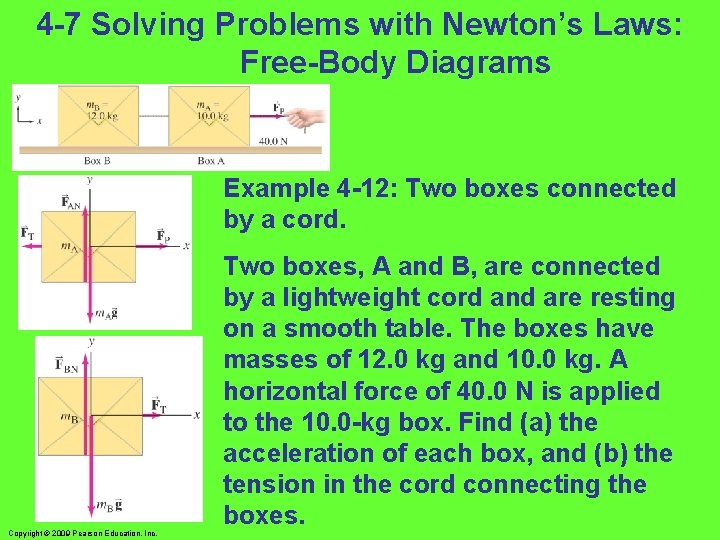 4 -7 Solving Problems with Newton’s Laws: Free-Body Diagrams Example 4 -12: Two boxes 4 -7 Solving Problems with Newton’s Laws: Free-Body Diagrams Example 4 -12: Two boxes