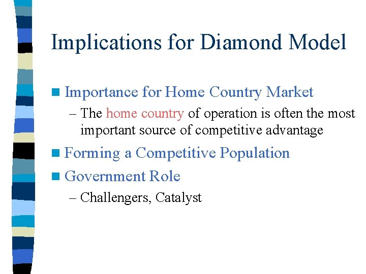 Implications for Diamond Model n Importance for Home Country Market – The home country