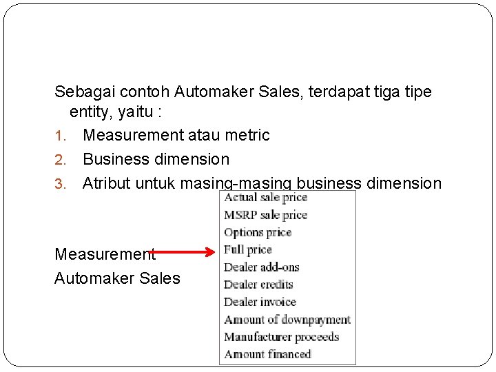 Sebagai contoh Automaker Sales, terdapat tiga tipe entity, yaitu : 1. Measurement atau metric