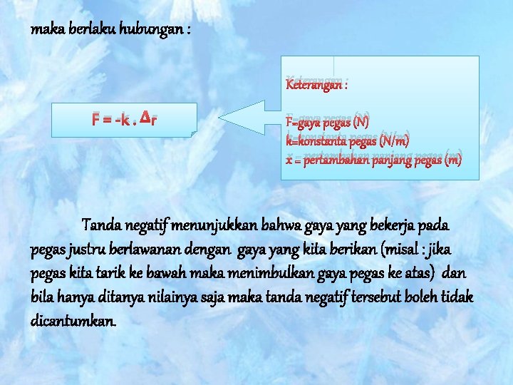 maka berlaku hubungan : Keterangan : F = -k. ∆r F=gaya pegas (N) k=konstanta maka berlaku hubungan : Keterangan : F = -k. ∆r F=gaya pegas (N) k=konstanta
