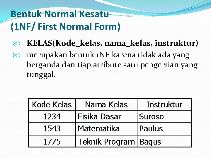 Bentuk Normal Kesatu (1 NF/ First Normal Form) KELAS(Kode_kelas, nama_kelas, instruktur) merupakan bentuk 1