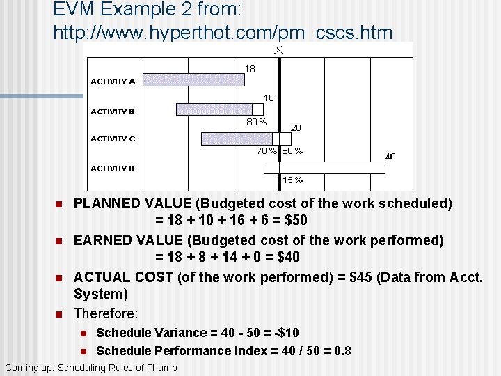 EVM Example 2 from: http: //www. hyperthot. com/pm_cscs. htm n n PLANNED VALUE (Budgeted