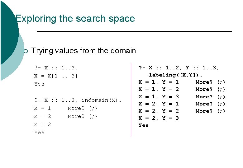 Exploring the search space ¡ Trying values from the domain ? - X : Exploring the search space ¡ Trying values from the domain ? - X :
