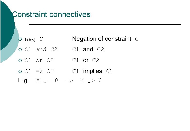 Constraint connectives ¡ neg C Negation of constraint C ¡ C 1 and C Constraint connectives ¡ neg C Negation of constraint C ¡ C 1 and C