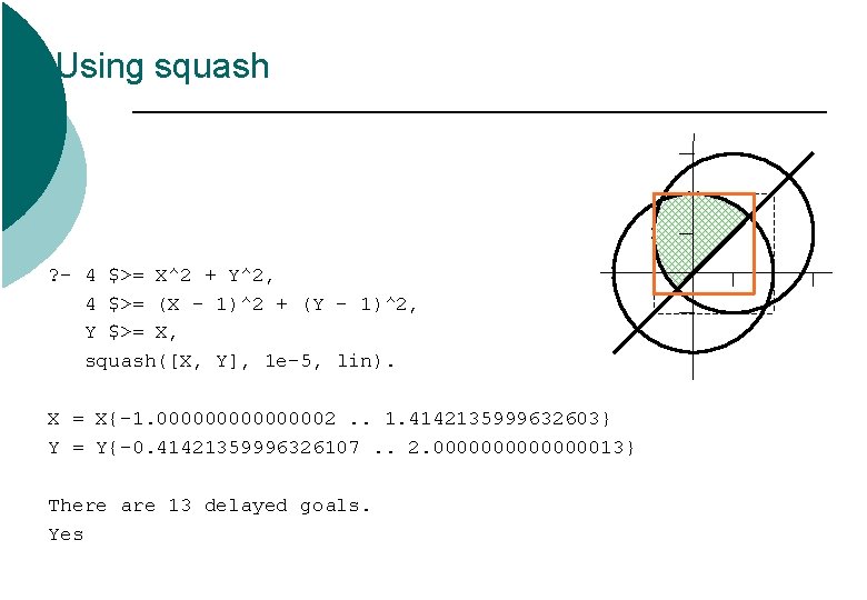 Using squash ? - 4 $>= X^2 + Y^2, 4 $>= (X - 1)^2 Using squash ? - 4 $>= X^2 + Y^2, 4 $>= (X - 1)^2