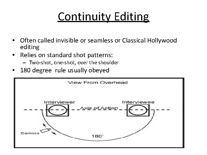 Continuity Editing • Often called invisible or seamless or Classical Hollywood editing • Relies