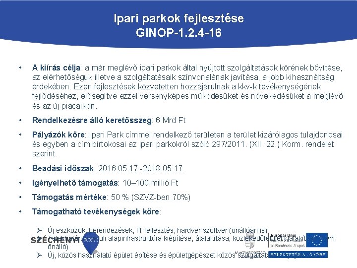 Ipari parkok fejlesztése GINOP-1. 2. 4 -16 • A kiírás célja: a már meglévő