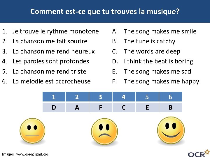 Comment est-ce que tu trouves la musique? 1. 2. 3. 4. 5. 6. Je