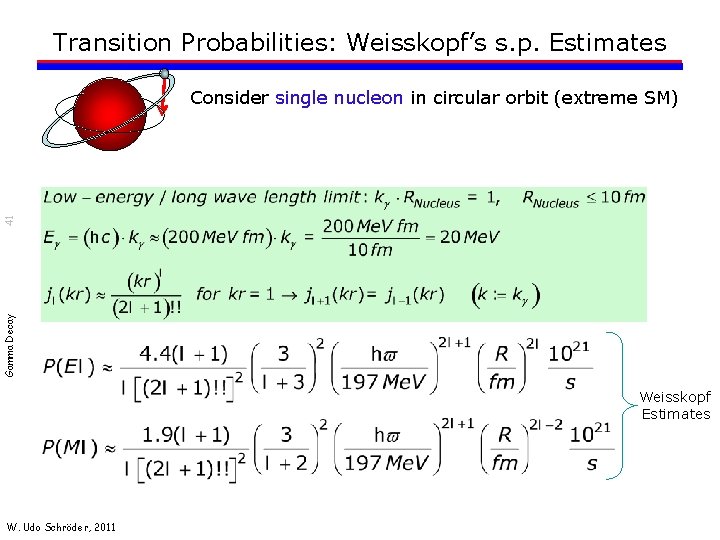 Transition Probabilities: Weisskopf’s s. p. Estimates Gamma Decay 41 Consider single nucleon in circular