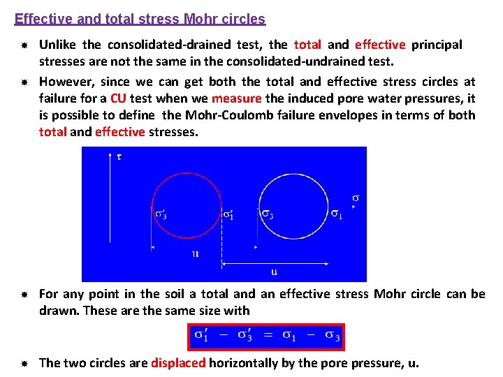 Effective and total stress Mohr circles Unlike the consolidated-drained test, the total and effective